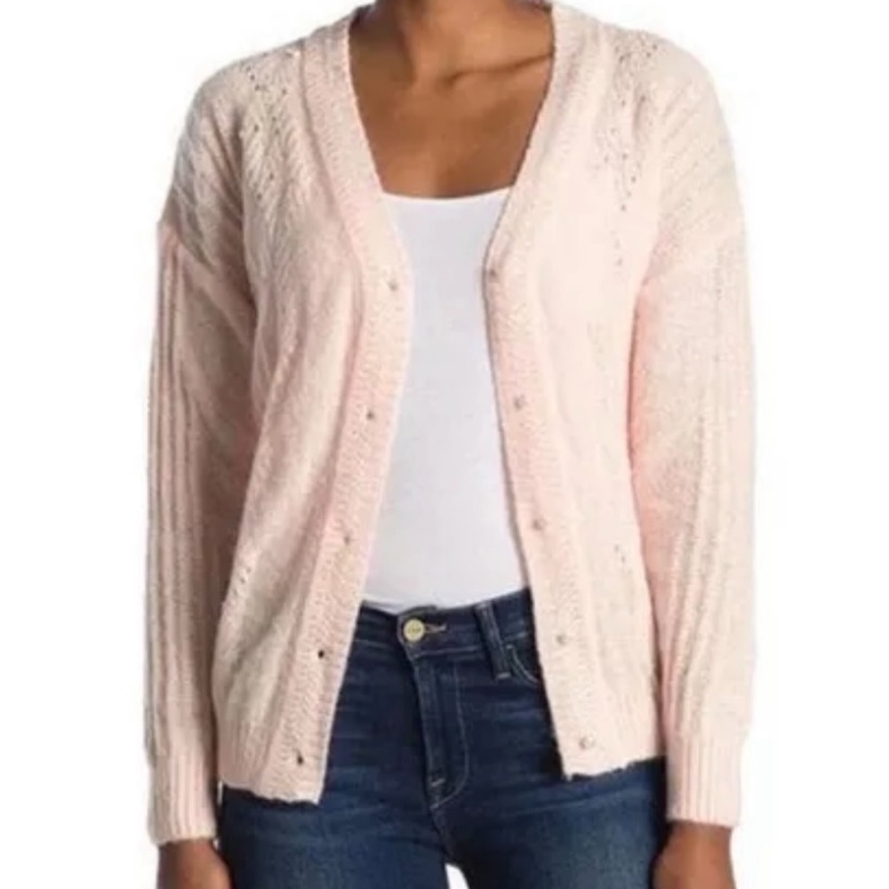 Anthropologie FRNCH Blush Pink Laeila Open Knit Pearl Embellished Cardigan